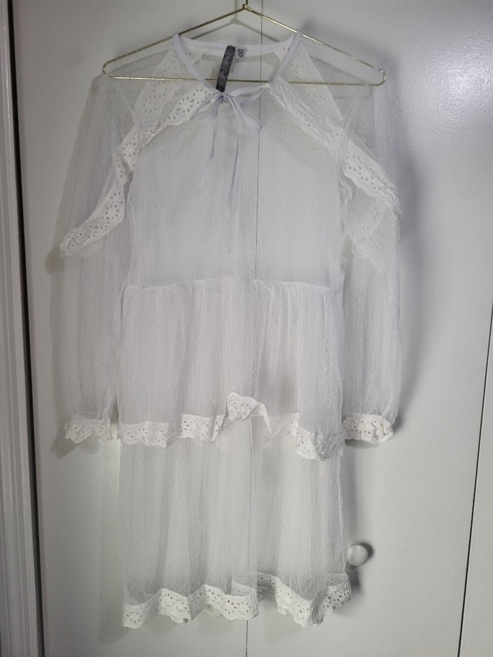 Women's M Sheer Lace Ruffle Tiered Dress Boho Hippie Ethereal Angelcore Festival - Picture 1 of 9